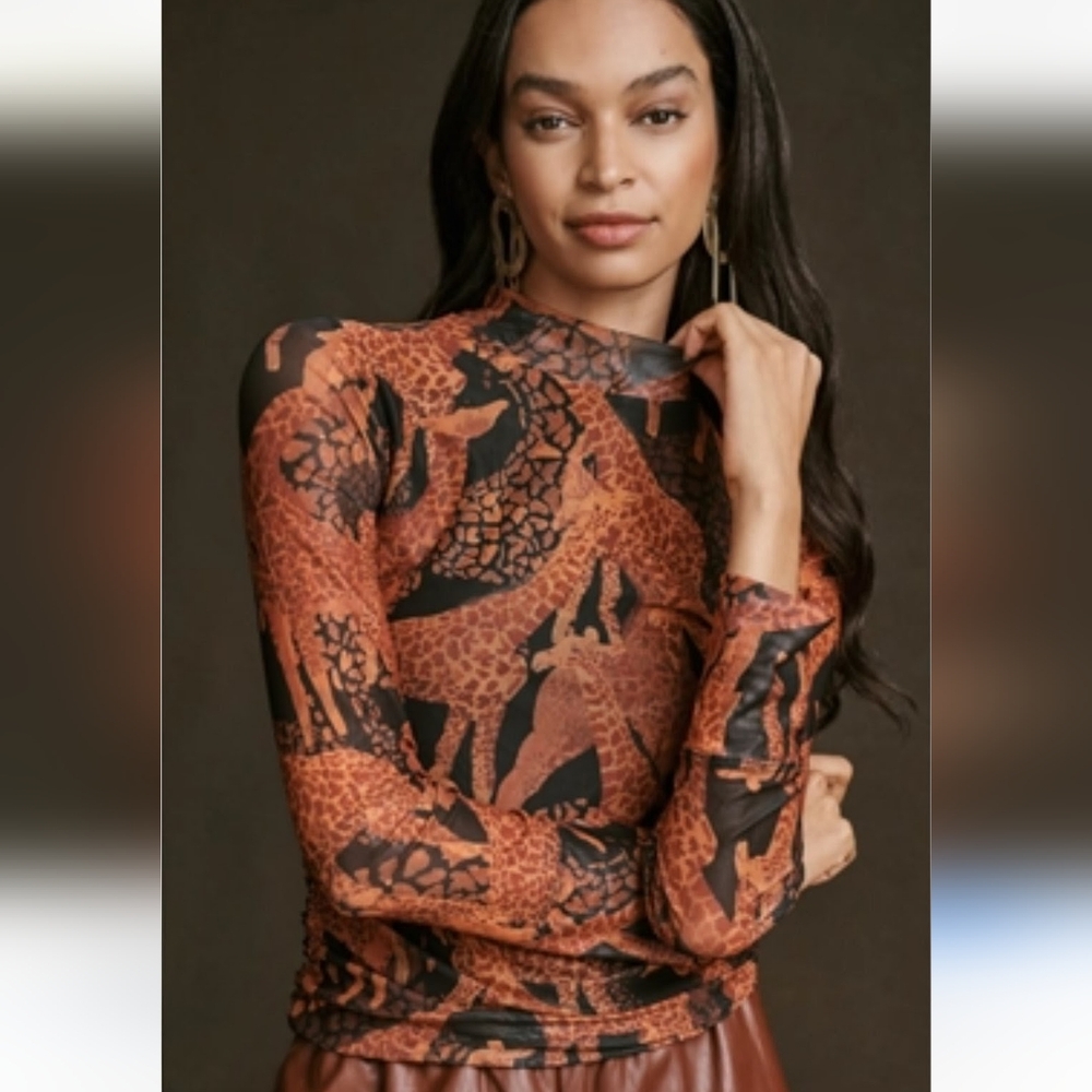 FARM RIO × Anthropologie Giraffes Tulle Long Sleeve Blouse NWT Brown Black